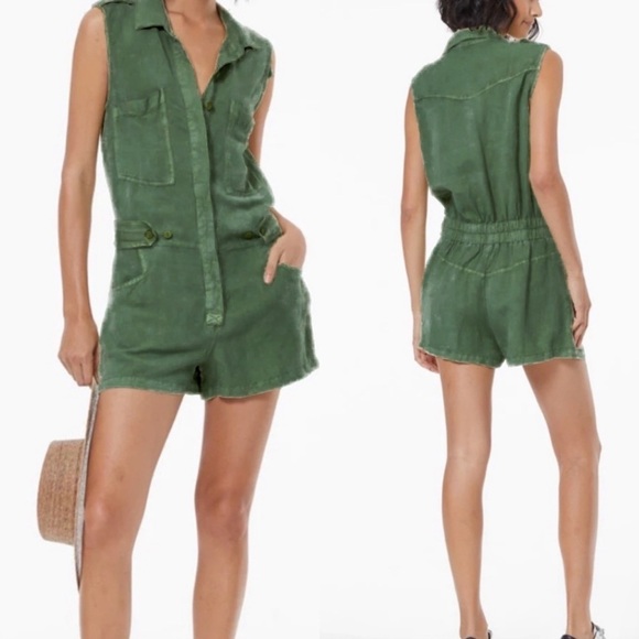 YFB Cuba Sleeveless Linen Utility Button Down Romper, Green - Size M - Picture 1 of 8